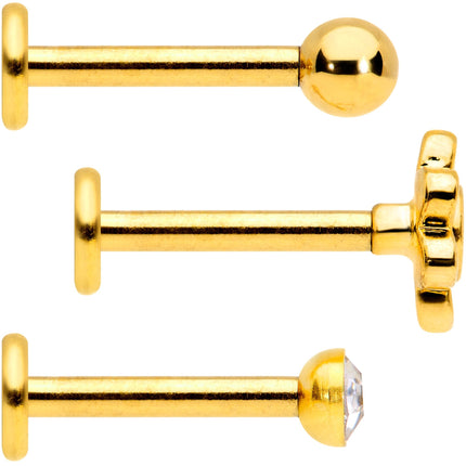 16G Clear Gem Gold Tone Internally Threaded Rose Flower Labret Set