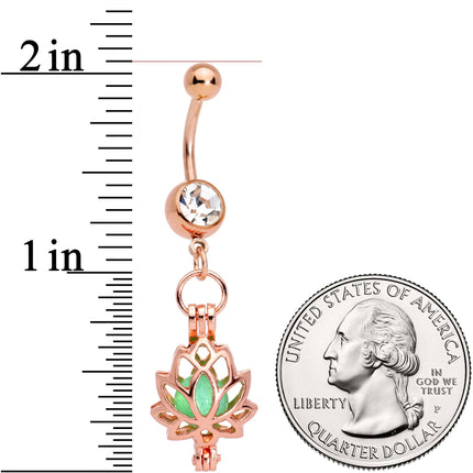 Clear Gem Rose Gold Tone Glow in the Dark Lotus Flower Dangle Belly Ring