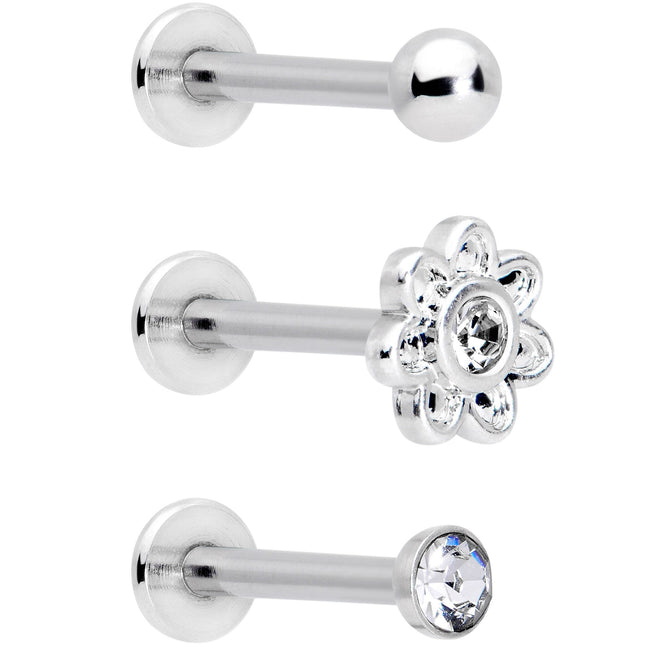 16G 5/16 Clear Gem Flower Top Labret Tragus Set of Three