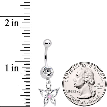 Pink Synthetic Opal Clear Gem Lacy Butterfly Dangle Belly Ring