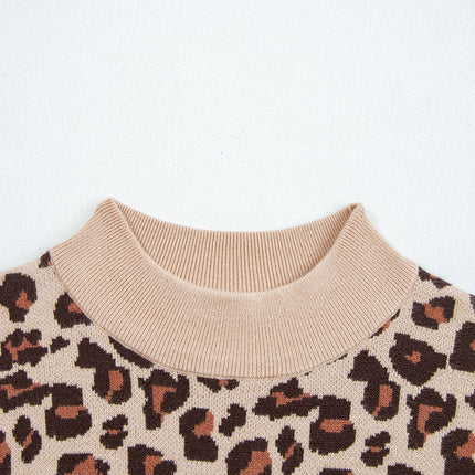 Khaki Leopard Print High Neck Shift Mini Sweater Dress - Femstylo