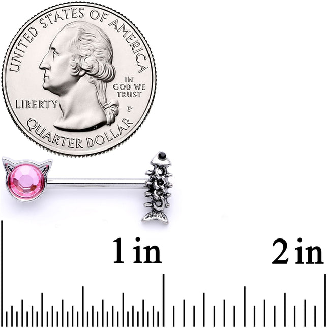 14G 9/16 Pink Black Gem Hungry Kitty Cat Barbell Nipple Ring Set
