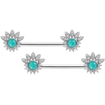 14G Clear CZ Gem Green Faux Opal Crest Barbell Nipple Ring Set