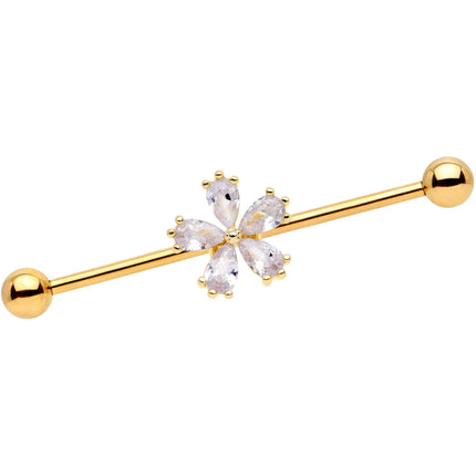 14G Clear CZ Gem Gold Tone Perfect Petals Flower Industrial Barbell 38mm