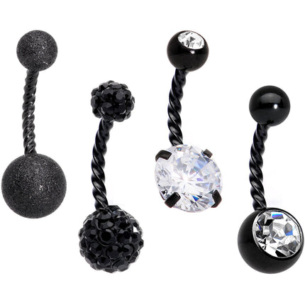 Clear Gem Black Thoroughly Twisted Belly Ring Set of 4