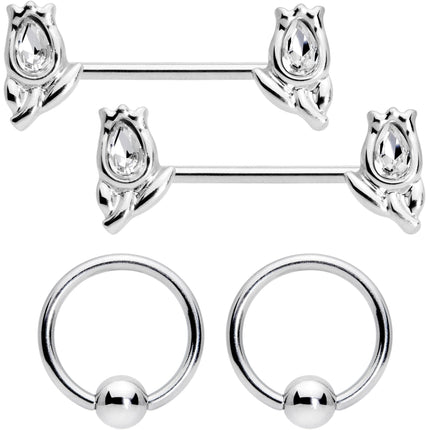 14G 7/16 1/2 Clear Gem Flowers BCR Barbell Nipple Ring Set of 4