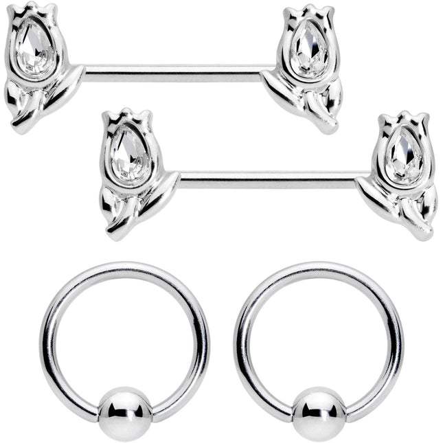 14G 7/16 1/2 Clear Gem Flowers BCR Barbell Nipple Ring Set of 4