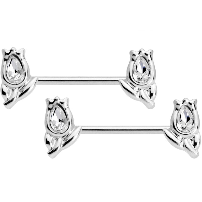 14G 7/16 1/2 Clear Gem Flowers BCR Barbell Nipple Ring Set of 4