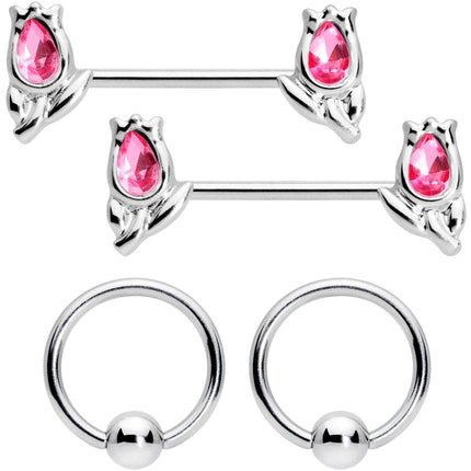 14G 7/16 1/2 Pink Gem Flowers BCR Barbell Nipple Ring Set of 4