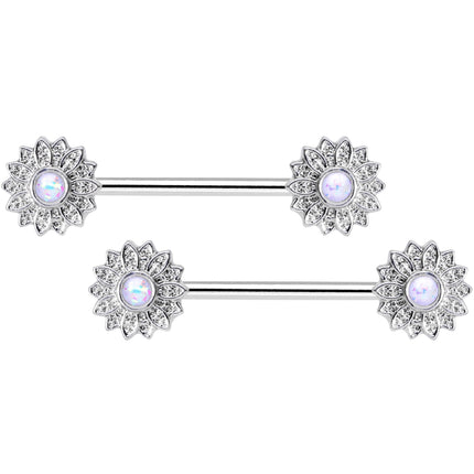 14G 9/16 1/2 White Faux Opal Horseshoe Barbell Nipple Ring Set