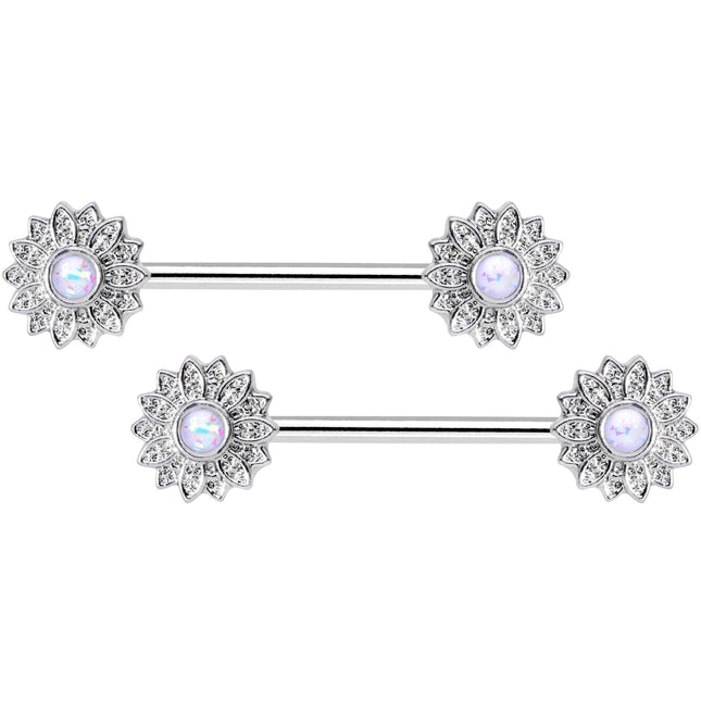 14G 9/16 1/2 White Faux Opal Horseshoe Barbell Nipple Ring Set