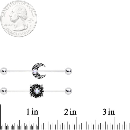 14G White Faux Opal Sun Moon Industrial Barbell Set 38mm