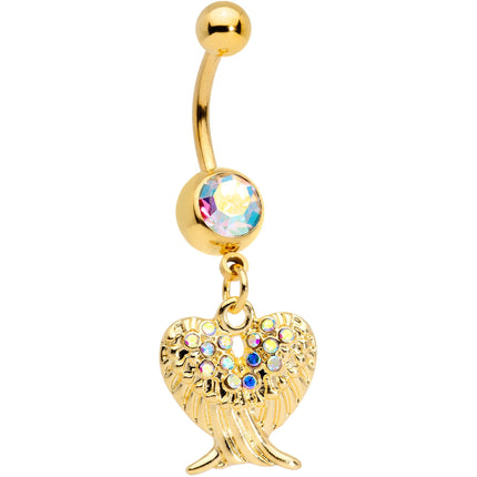 Aurora Gem Gold Tone Angel Wings Pink Confetti Belly Ring Set of 3