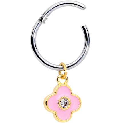 16G 3/8 Clear CZ Pink Flower Dangle Hinged Segment Ring