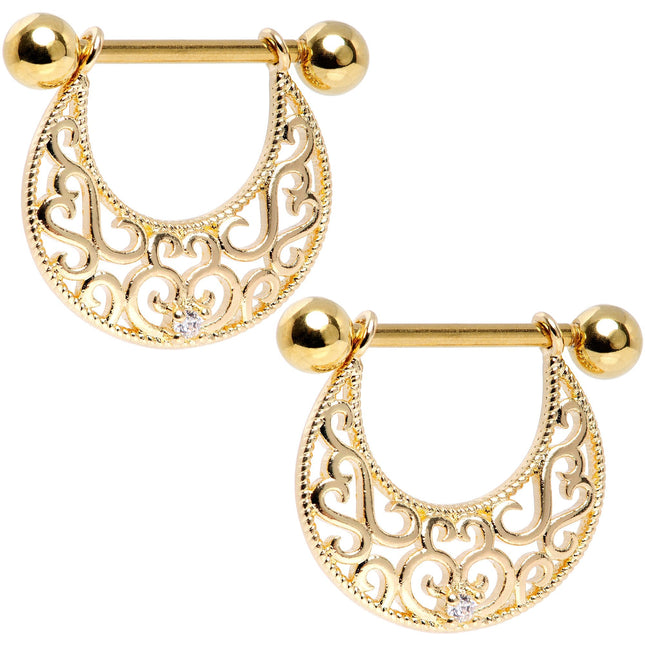 14G 9/16 Clear CZ Gem Gold Tone Abstract Heart Nipple Shield Set