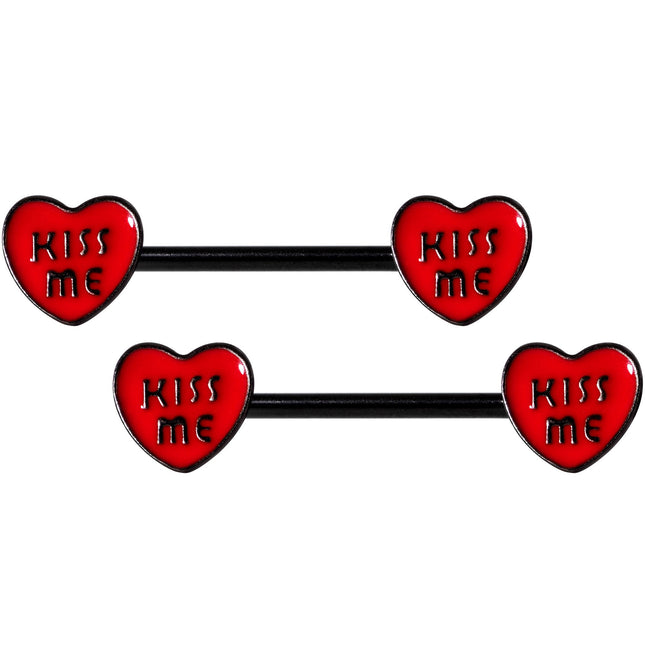 14G 5/8 Black Red Heart Kiss Me Barbell Nipple Ring Set