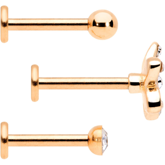 16G Clear Gem Rose Gold Tone Black Flower Labret Set of 3