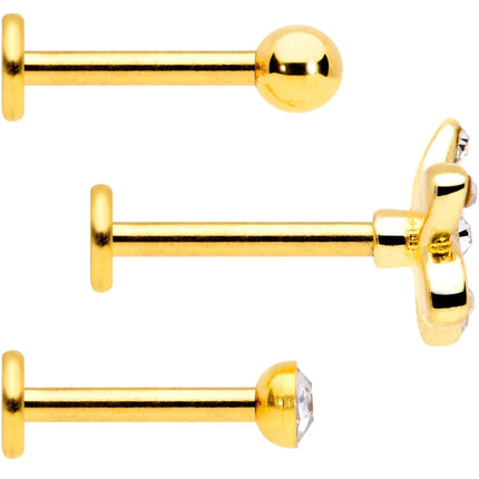 16G 5/16 Clear Gem Gold Tone White Flower Labret Set of 3