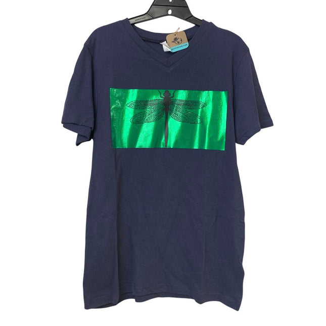 New Upcycled Hand Printed Womens Small Navy Green Dragonfly Short Sleeve Tee