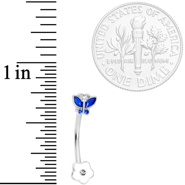 16G 3/8 Clear Gem Blue Butterfly Flower Curved Eyebrow Ring