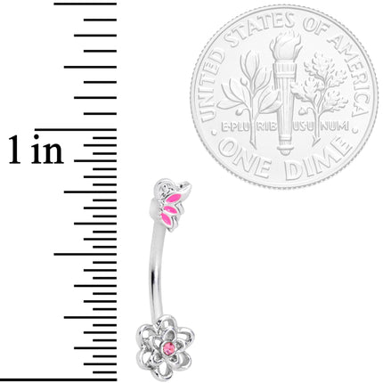 16G 3/8 Pink Gem Butterfly Loopy Flower Curved Eyebrow Ring