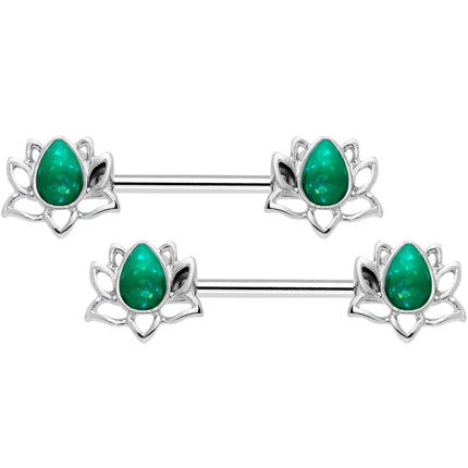 14G 9/16 Green Faux Opal Lotus Flower Barbell Nipple Ring Set