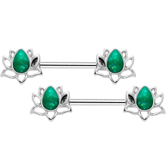 14G 9/16 Green Faux Opal Lotus Flower Barbell Nipple Ring Set