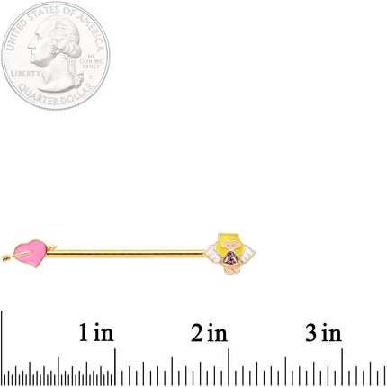 14G Pink Gem Gold Tone Cupid Industrial Barbell 38mm