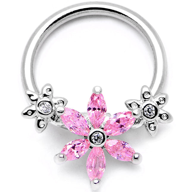 16G 3/8 Pink CZ Gem Flower BCR Captive Ring