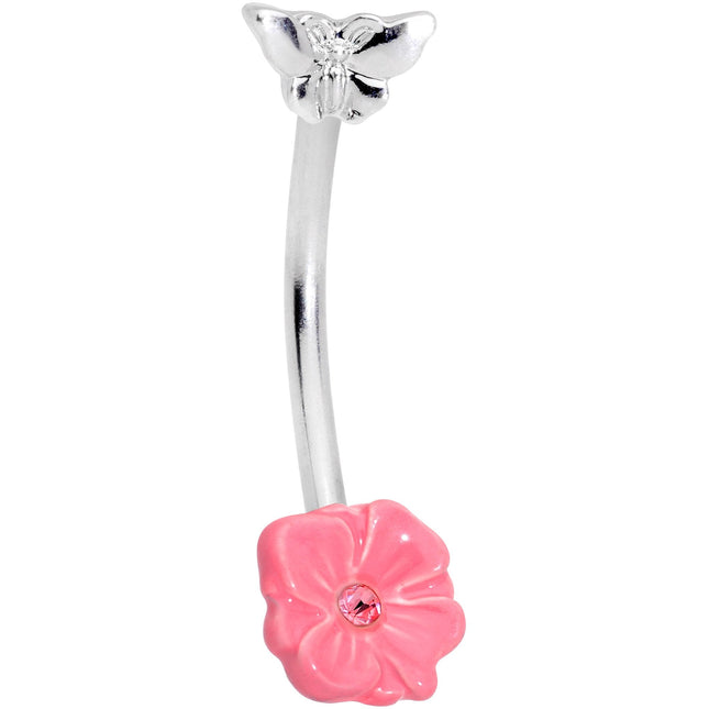 16G 3/8 Pink Gem Flower Butterfly Curved Eyebrow Ring