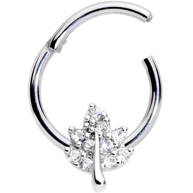 16G 3/8 Clear CZ Gem Maple Leaf Hinged Segment Ring