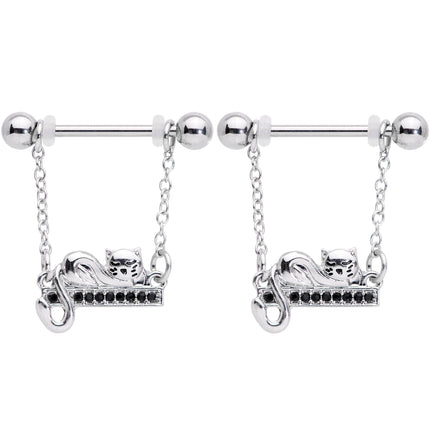 14G 5/8 Black Gem Nap Cat Dangle Nipple Ring Set
