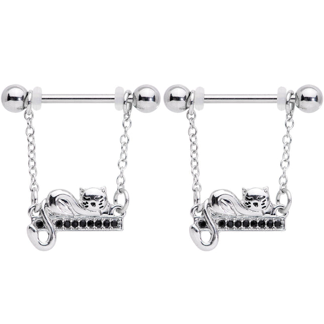 14G 5/8 Black Gem Nap Cat Dangle Nipple Ring Set