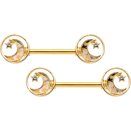 14G 9/16 Clear Gem Orbit Loop Crescent Moon Star Nipple Ring Set