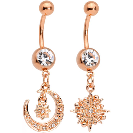 Clear Gem Rose Gold Tone Celestial Star Moon Dangle Belly Ring Set