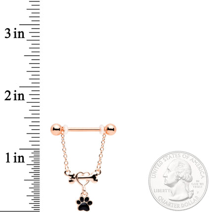 14G Rose Gold Tone Love My Dog Paw Print Dangle Nipple Ring Set