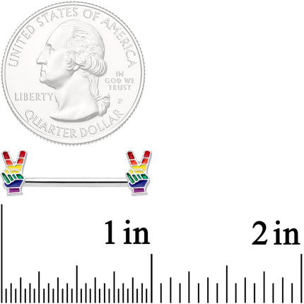 14G Pride Rainbow Peace Sign Barbell Nipple Ring Set