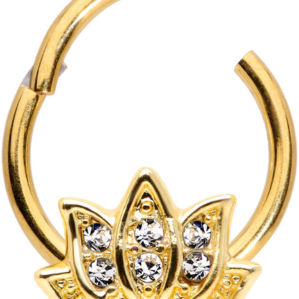 16G 3/8 Clear Gem Gold Tone Lotus Flower Hinged Segment Ring