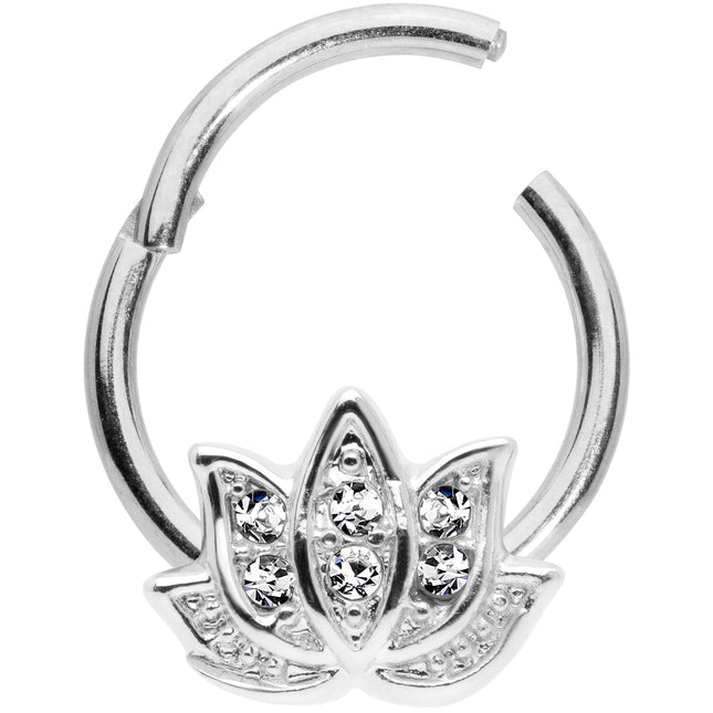 16G 3/8 Clear Gem Lotus Flower Hinged Segment Ring