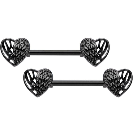 14G 9/16 Black Angels Wings Barbell Nipple Ring Set