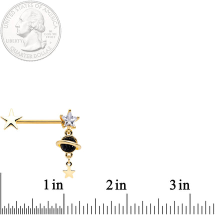 14G 9/16 Clear CZ Gem Gold Tone Saturn Barbell Nipple Ring Set