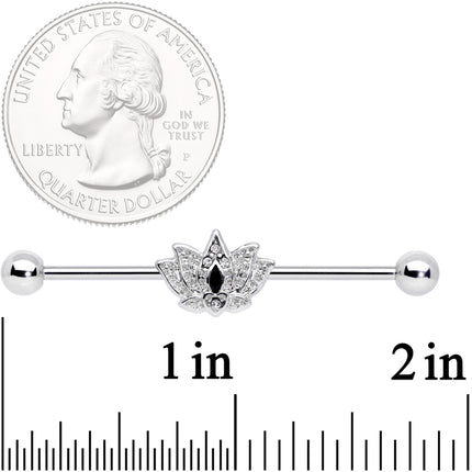14G Clear Black Gem Crown Lotus Flower Industrial Barbell 38mm