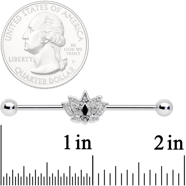14G Clear Black Gem Crown Lotus Flower Industrial Barbell 38mm