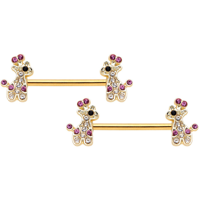 14G Clear Pink Gem Giraffe Gold Tone UV Horseshoe Nipple Ring Set