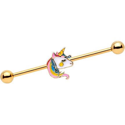 14G Gold Tone Pastel Unicorn Industrial Barbell 38mm