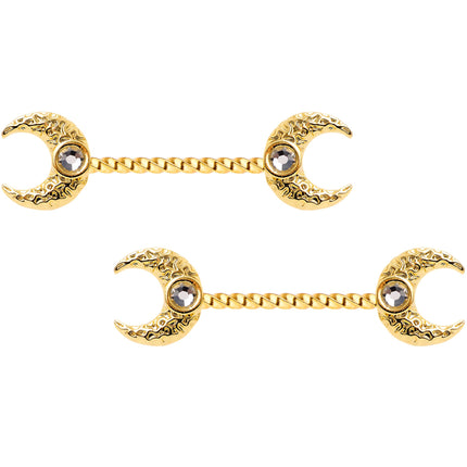 14G Clear Gem Gold Tone Witch Moon Barbell Nipple Ring Set
