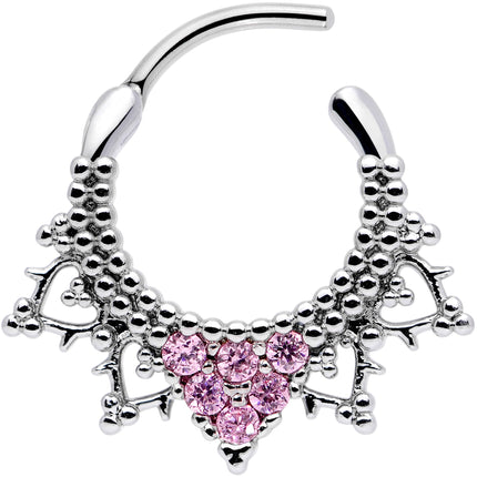 16G 3/8 Pink CZ Gem Triangle Ornate Septum Clicker