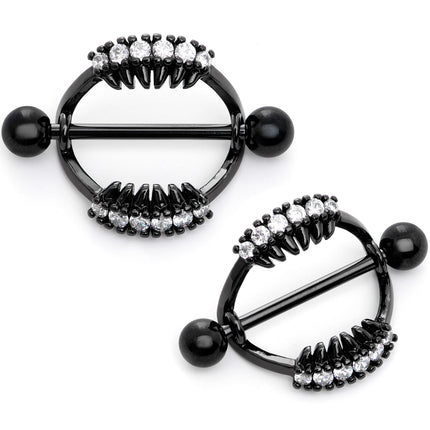 14G 9/16 Clear CZ Gem Black Scary Fang Halloween Nipple Shield Set