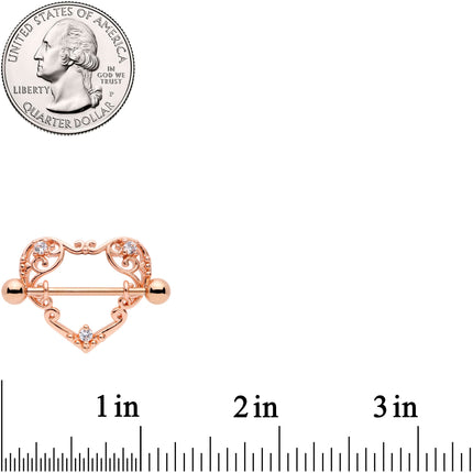 14G 9/16 Clear CZ Gem Rose Gold Tone Open Heart Nipple Shield Set