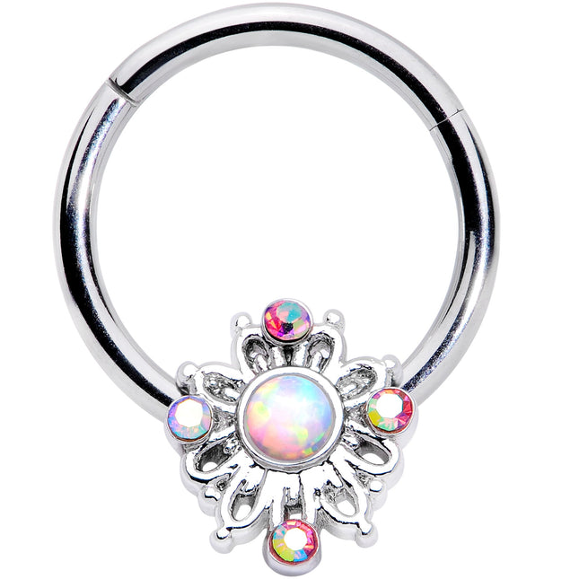 16G 3/8 White Synthetic Opal Aurora Gem Crest Hinged Segment Ring